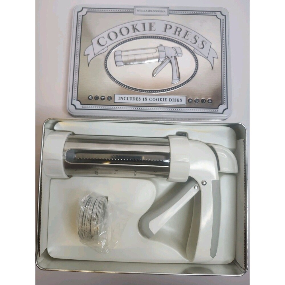 WILLIAMS-SONOMA Cookie Press w/18 Disk Shapes In Tin New